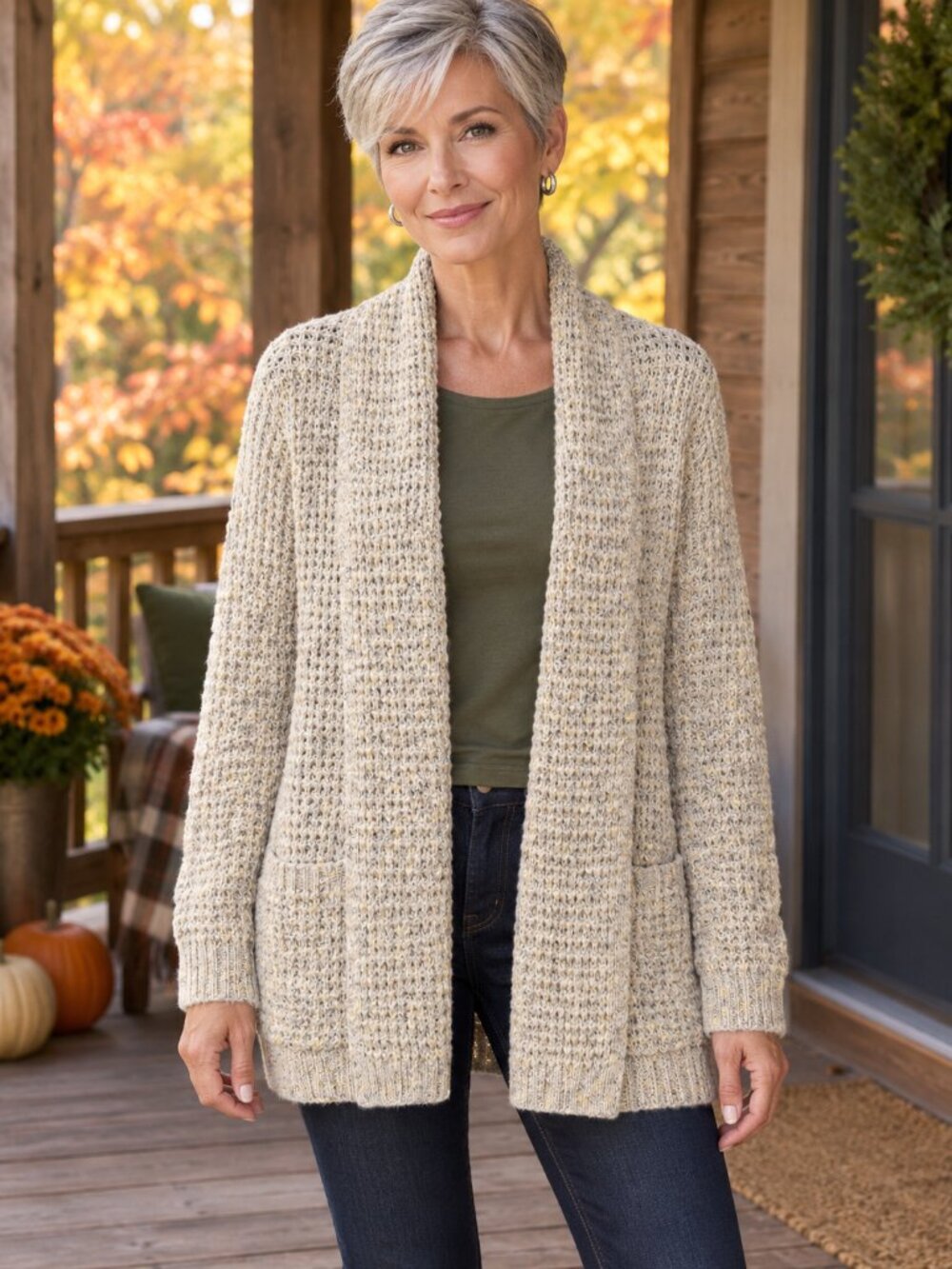 Oatmeal Textured Open Knit Shawl Collar Cardigan Pockets XS
